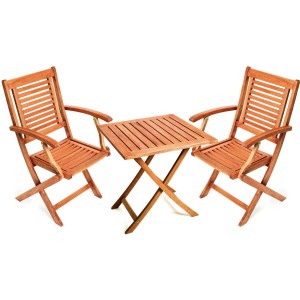 Braunes 3-teiliges Gartenmöbel-Set Cordoba aus Eukalyptusholz mit Klapptisch und Klappsesseln.