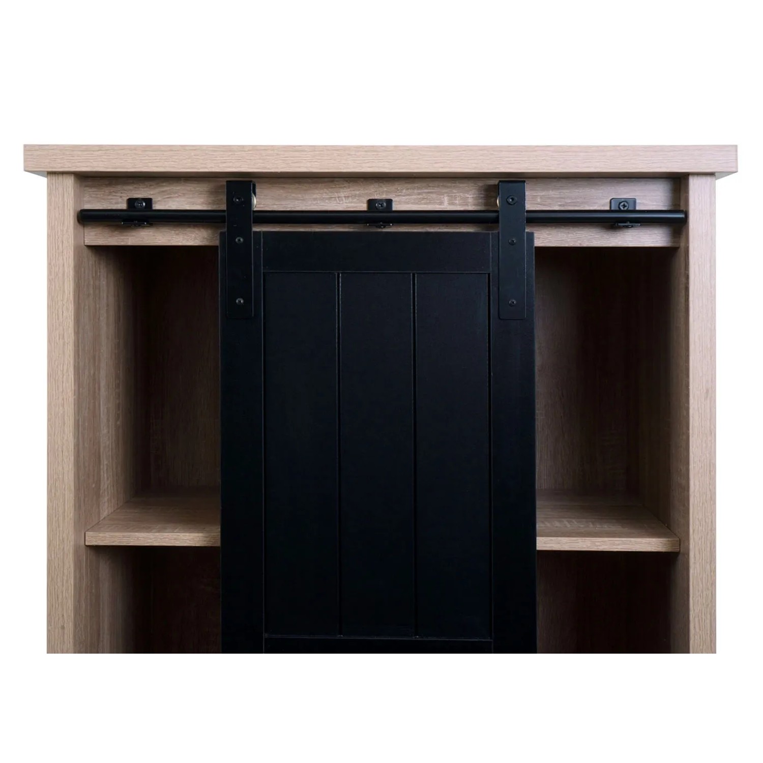 MCW Schrank K75 naturfarben mit schwarzer Schiebetür, Schubladenkommode mit Fächern.