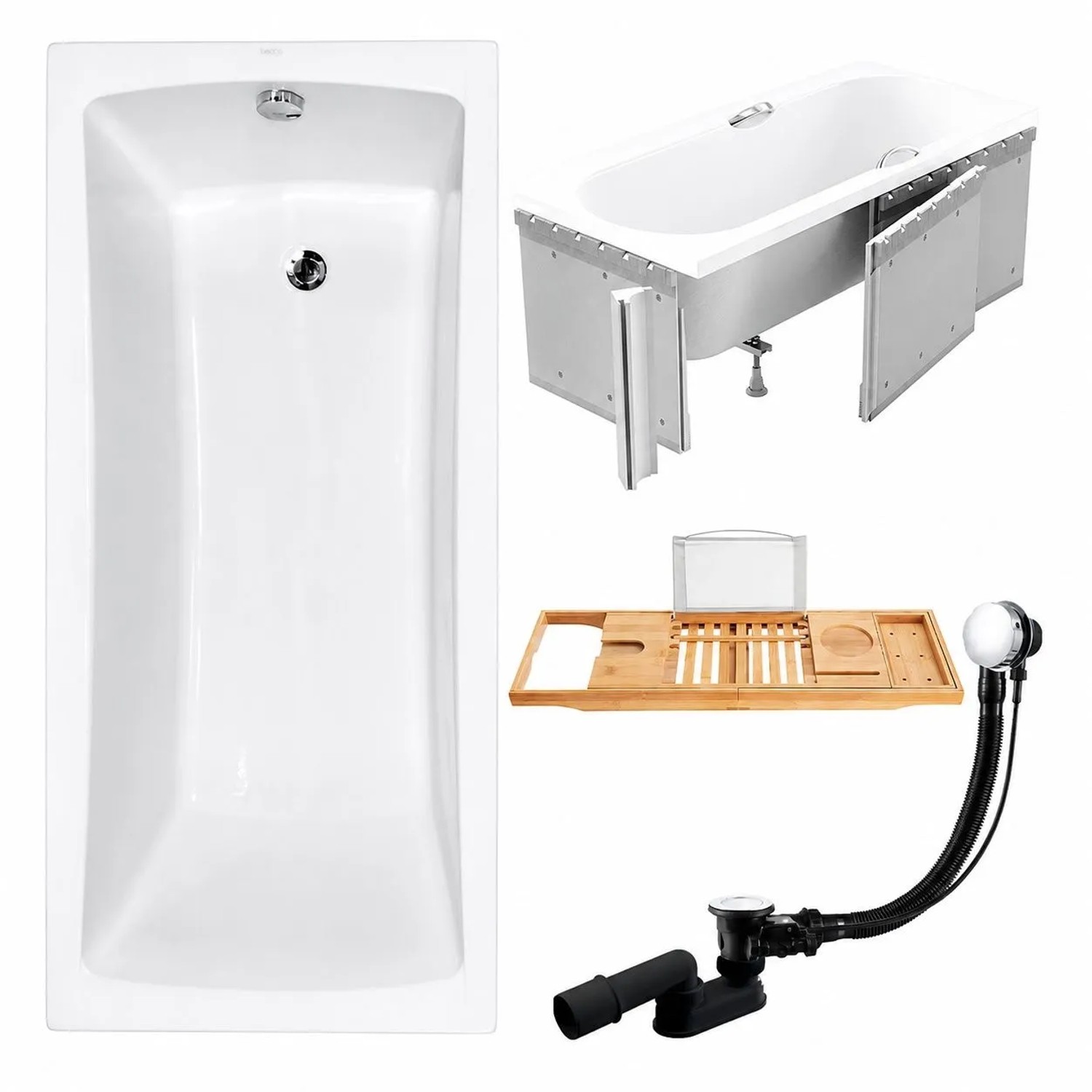 KOLMAN Badewanne Rechteck 170 x 70 Cm Mit Styroporverkleidung Mit Bambus Badewannenablage Inkl. Ablauf Und Füße