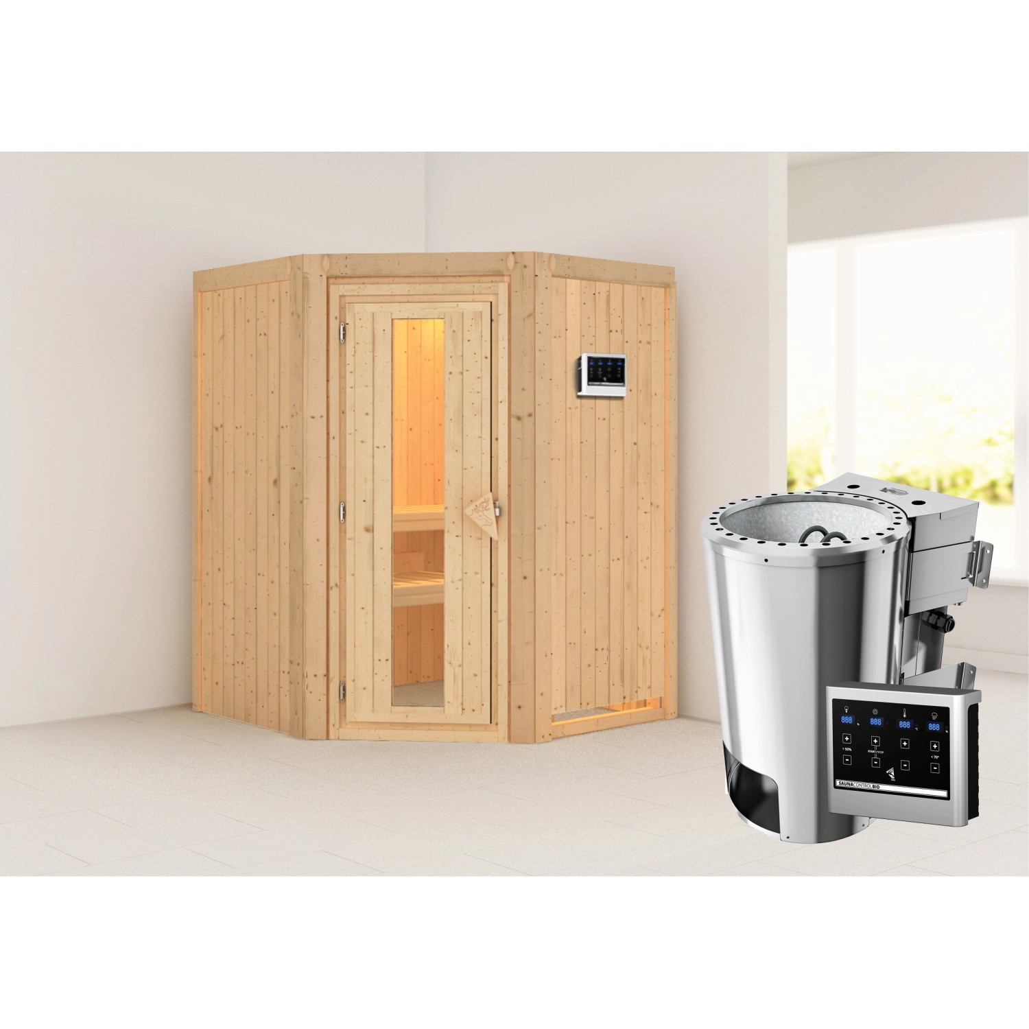 Karibu Sauna mit Bio-Ofen externe Stg.Easy Natur