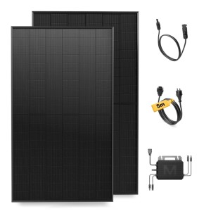 Solakon Balkonkraftwerk Komplettset: 2 schwarze Solarmodule, Wechselrichter, 5m Anschlusskabel. Steckerfertige Solaranlage.