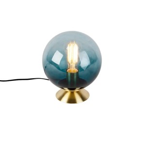 Art Deco Tischlampe Pallon: Messingfuß, blaue Glaskugel. Elegante Innenleuchte für Wohnraum.