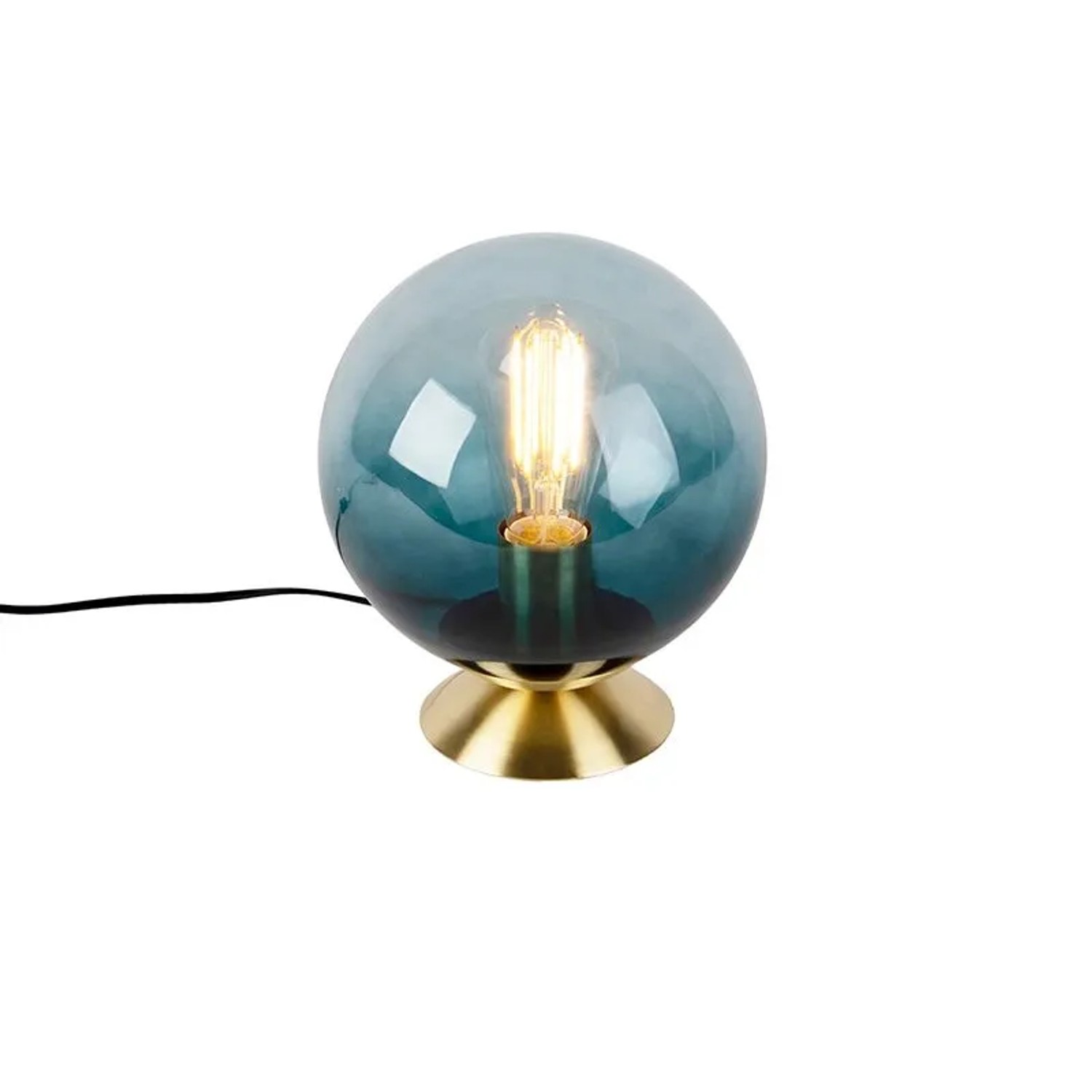 QAZQA Art Deco Tischlampe Messing mit Blauem Glas Pallon