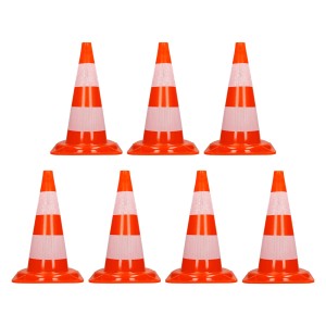 Set aus 7 orange-weißen Verkehrskegeln (47cm) mit reflektierenden Streifen für Pannenhilfe.
