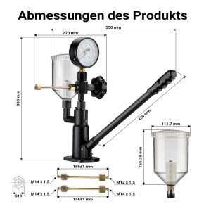 Wiltec Diesel Einspritzdüsentester: Technisches Bild mit Manometer, Hebel, Tank und Maßen. Inkl. Adapterrohre.