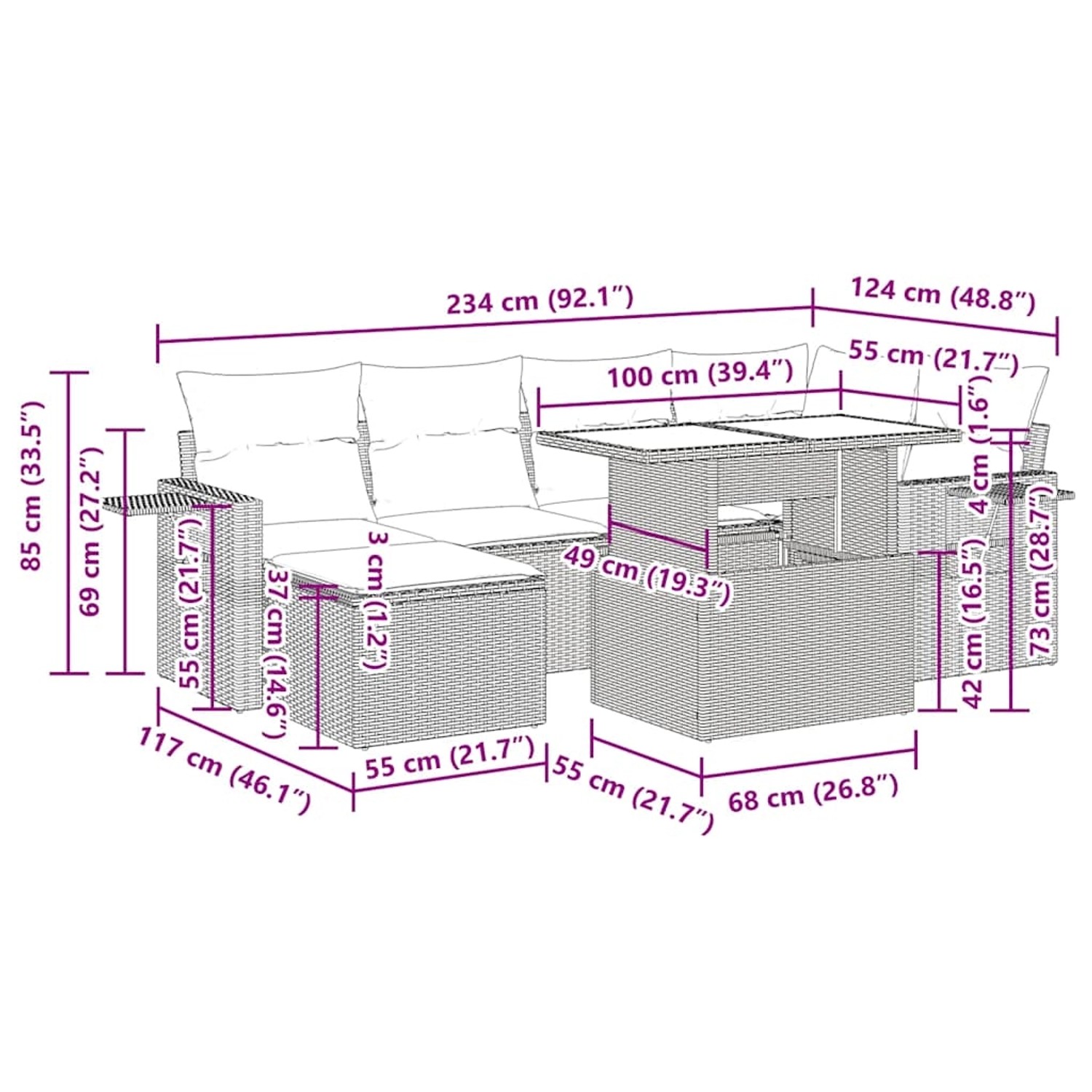 Graue 7-tlg. Garten-Sofagarnitur aus Polyrattan mit Tisch und blauen Kissen. Abmessungen sind eingezeichnet.