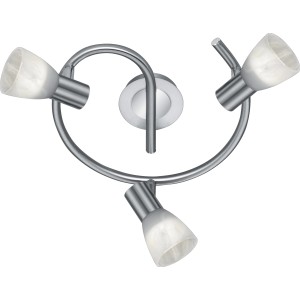 Trio LED-Deckenleuchte Levisto, Nickel matt, mit drei Strahlern und alabasterfarbenem Glas.