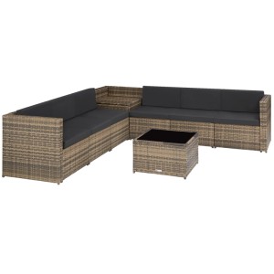 Tectake Rattan Lounge Verona für 6 Personen, naturfarben mit grauen Polstern und Tisch. Gartenmöbel.