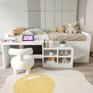 Weißes Merax Kinderbett 90x200cm mit integriertem Schreibtisch, Stauschränken und Steckdose. Ideal für Kinderzimmer.