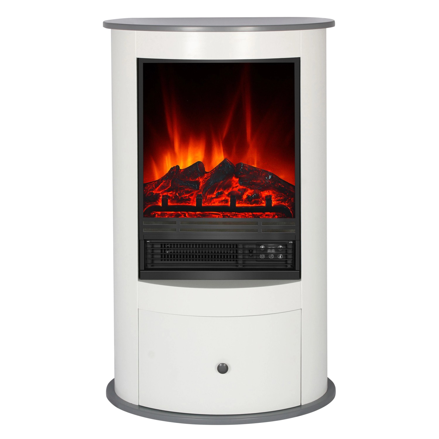 Weißer EL Fuego Elektrokamin Wien II mit simuliertem Feuer und Schublade.