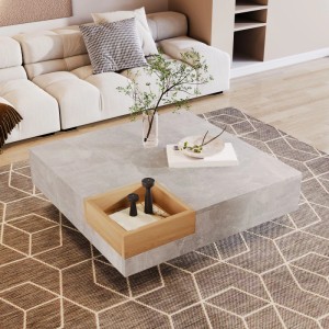 okwish Couchtisch mit Herausnehmbarer Aufbewahrungsbox Betongrau/Holzfarbe 70 × 70 cm