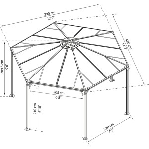 Skizze Palram Canopia Monaco Pavillon 4.5 x 3.9 m in Anthrazit mit Maßangaben.