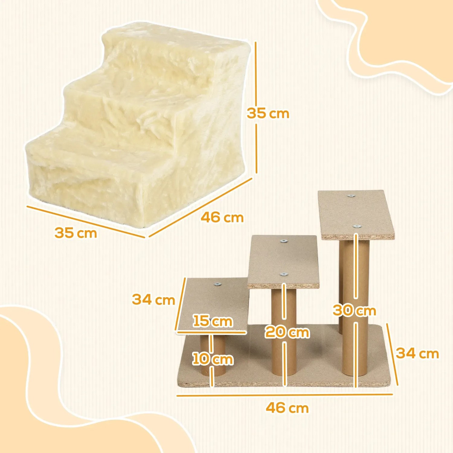 PawHut Haustiertreppe, beige, mit Maßen. Ideal als Hunderampe & Hundetreppe für kleine Hunde.