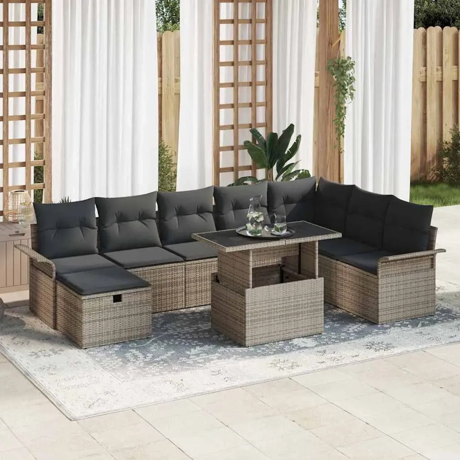 Graues 9-teiliges vidaXL Garten-Sofa-Set aus Rattan mit Kissen und Stauraum.
