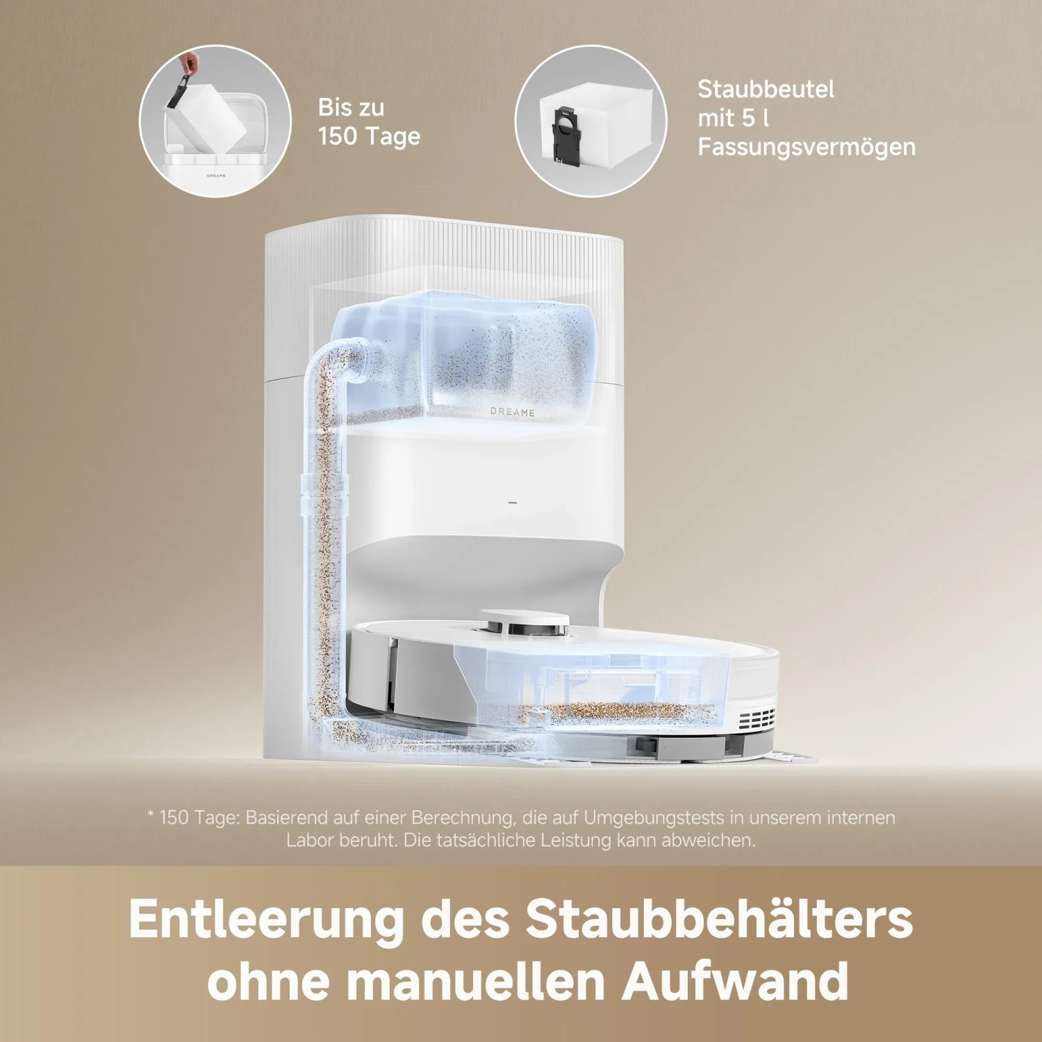Dreame Saugroboter D20 Plus mit Absaugstation. Automatische Staubentleerung in 5L Staubbeutel für 150 Tage.