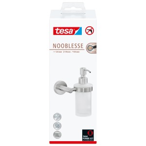 Verpackung des Tesa Nooblesse Seifenspenders in Edelstahloptik für die Wandmontage.