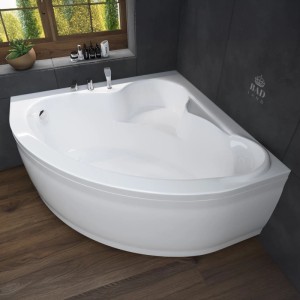 Weiße Bad Land Eckbadewanne STANDARD 120x120 aus Acryl mit Schürze, Ablauf und Füßen im modernen Bad.