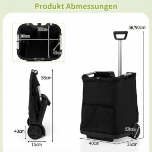 Schwarzer Costway 50L Einkaufstrolley, klappbar, zeigt Maße: gefaltet, ausgeklappt und Innenkorb. Mit Rädern & verstellbarem Griff.