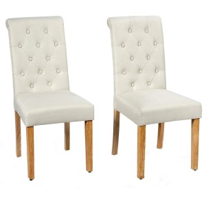 2er Set beige Esszimmerstühle mit gepolsterter Leinenoptik-Rückenlehne und robusten Gummiholzbeinen.