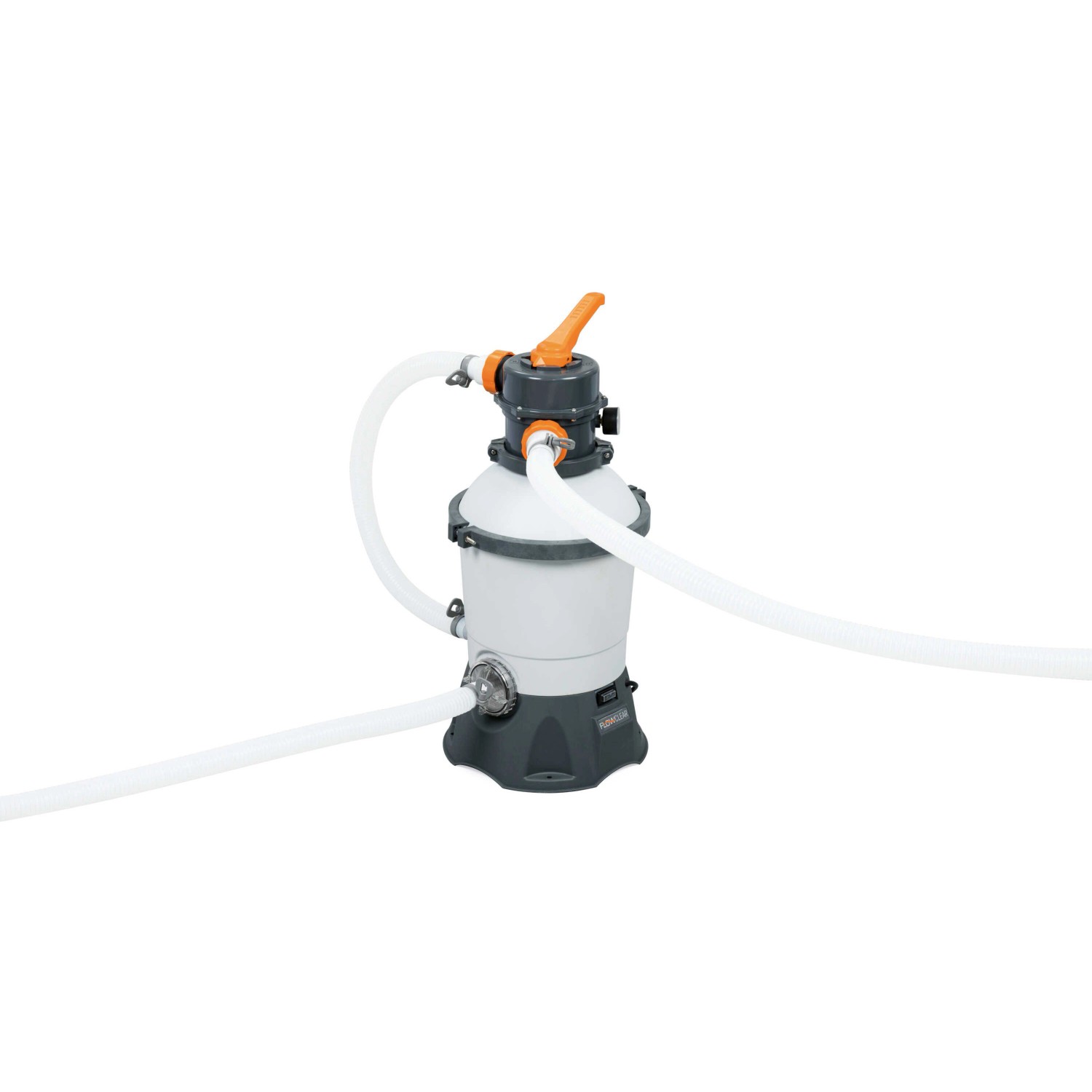 Sandfilteranlage für Power Steel Frame Pool, grau, mit Schläuchen.