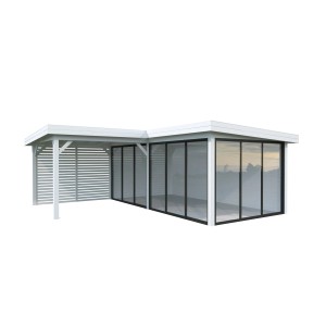 Palmako Pavillon Lenna Set 414, 588x588 cm, weiß lackiert, mit Schiebetüren und Sichtschutzzaun.