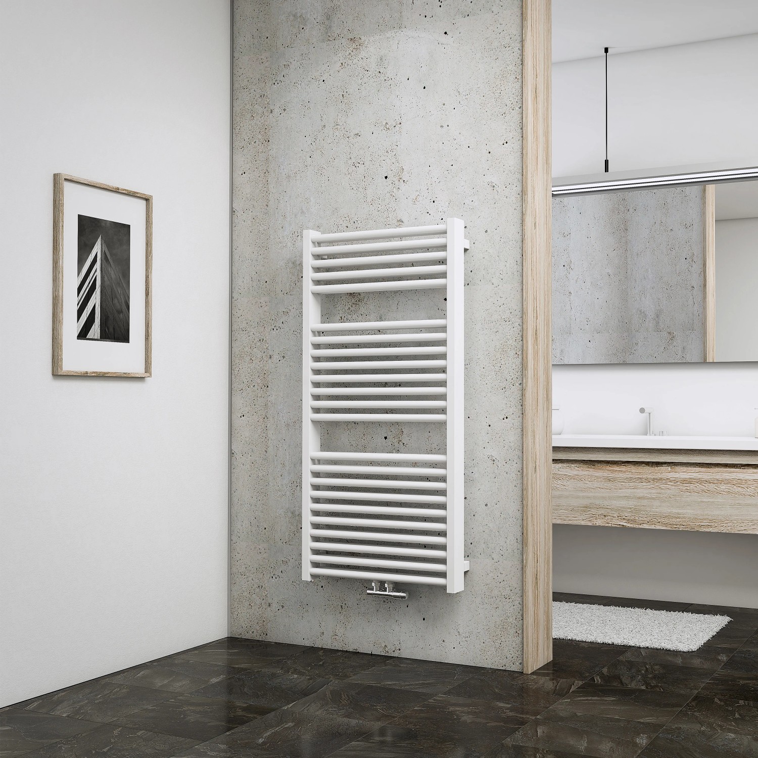 Weißer Schulte Design-Heizkörper München Powerpack (123x60cm) im modernen Badezimmer.