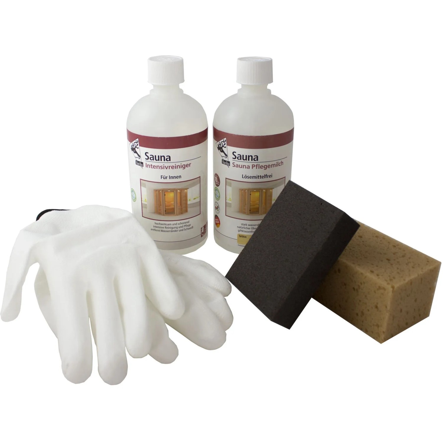 Karibu Pflegebox für Sauna-Innenbereich: Reiniger, Pflegemilch, Schwämme und Handschuhe.