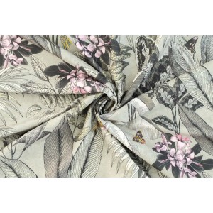 Blickdichter, grüner Bricoflor Vorhang Kelani mit Blätter-, Blumen- und Vogelmuster.