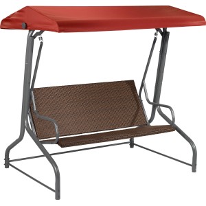 Hollywoodschaukel Davenport II aus Textilen mit rotem Sonnendach und braunem Polyrattan-Geflecht.