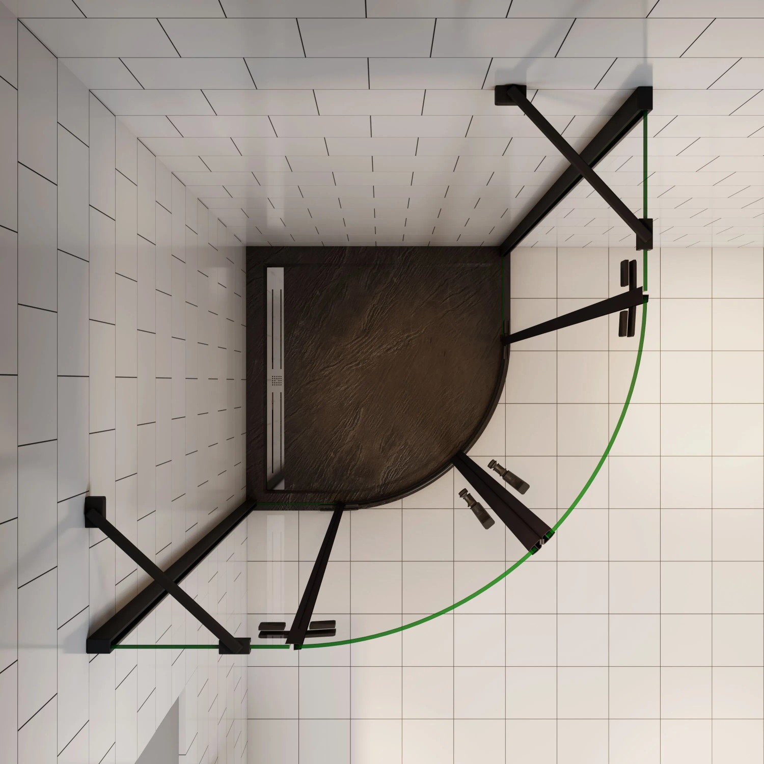 Viertelkreis Duschkabine 90x90cm mit schwarzem Rahmen und Klarglas. Moderne Runddusche für ebenerdige Montage.
