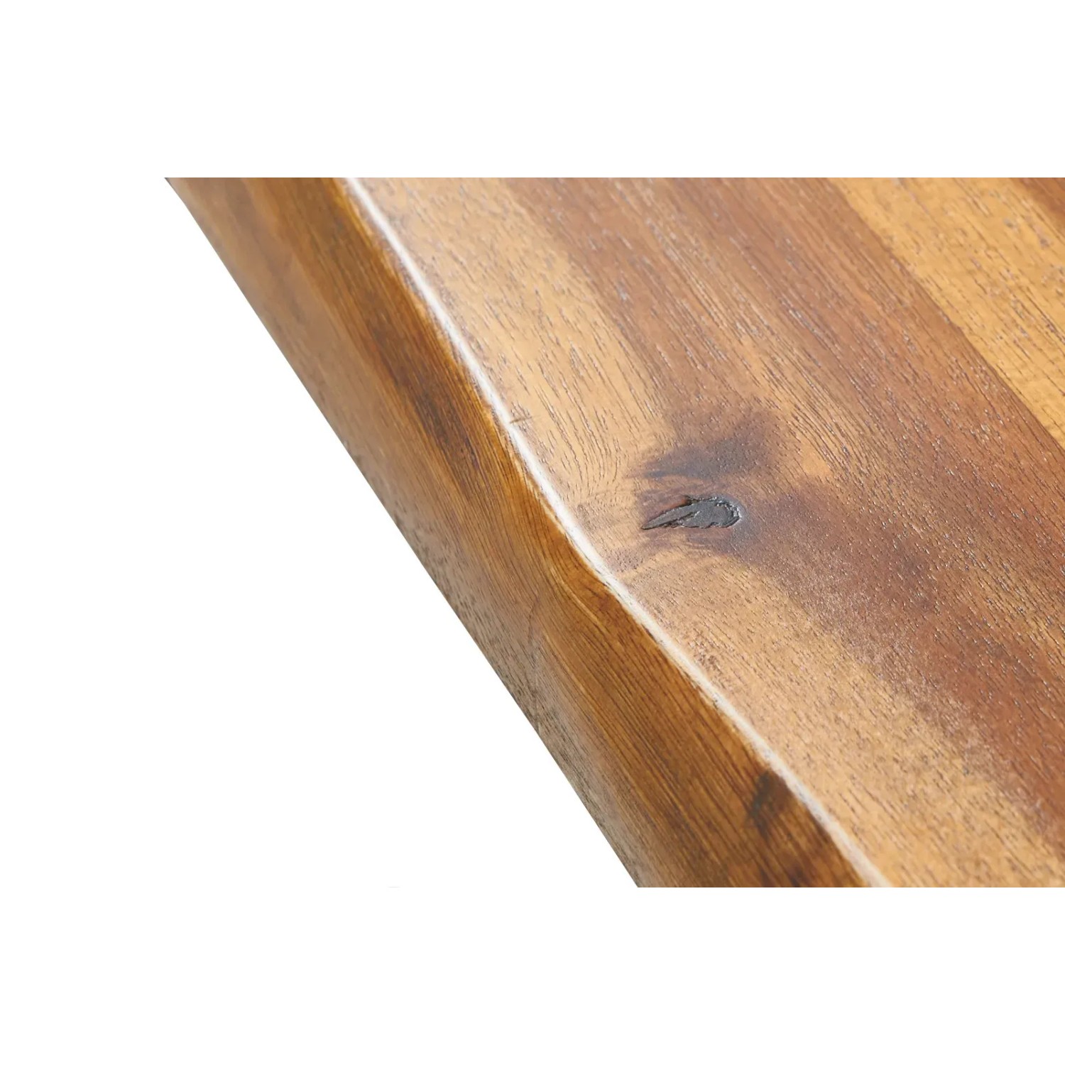Detailaufnahme: Cognacfarbene Akazienholz Tischplatte Esra mit Baumkante, 140x80 cm.