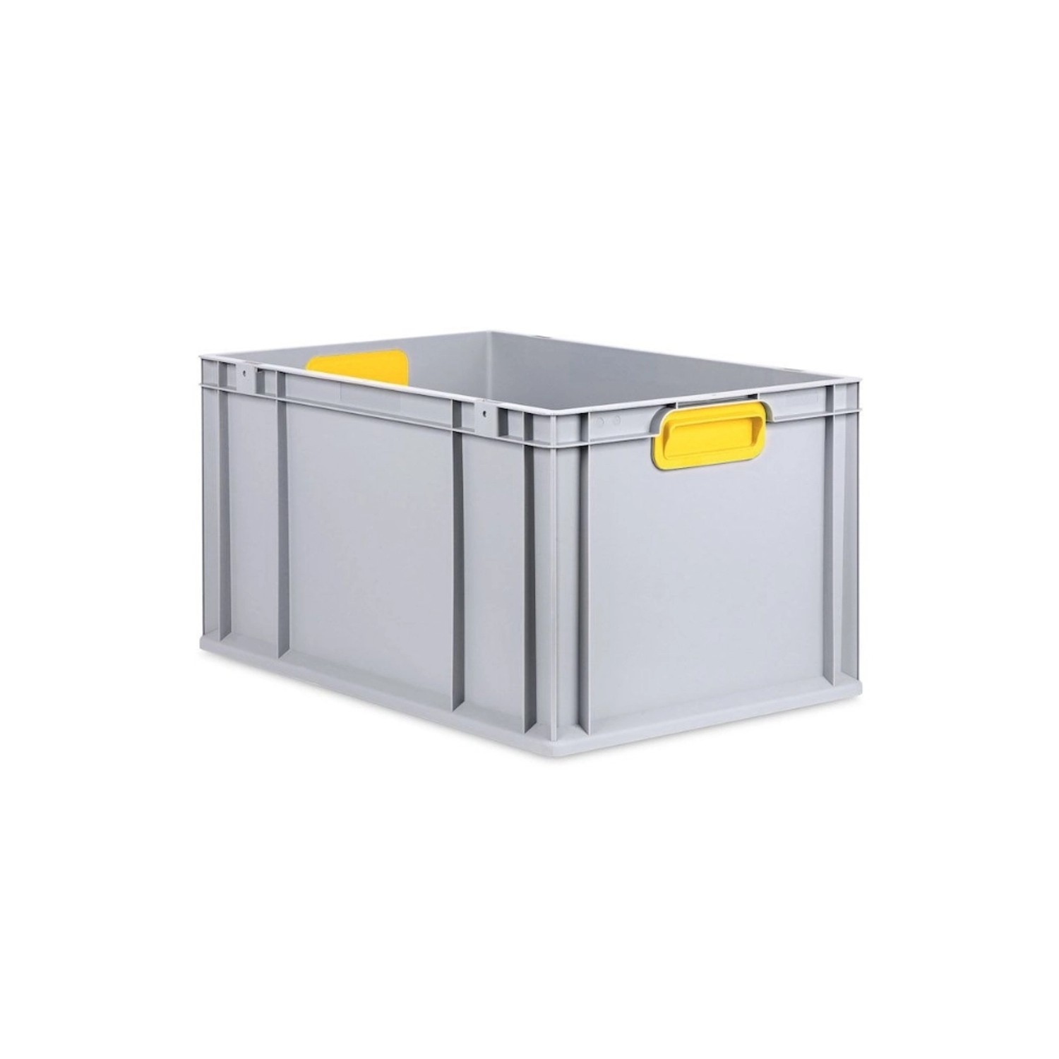 Graue PROREGAL Eurobox mit gelben Griffen, Scharnierdeckel und Schiebeschnappverschlüssen. Ideal zur Aufbewahrung.