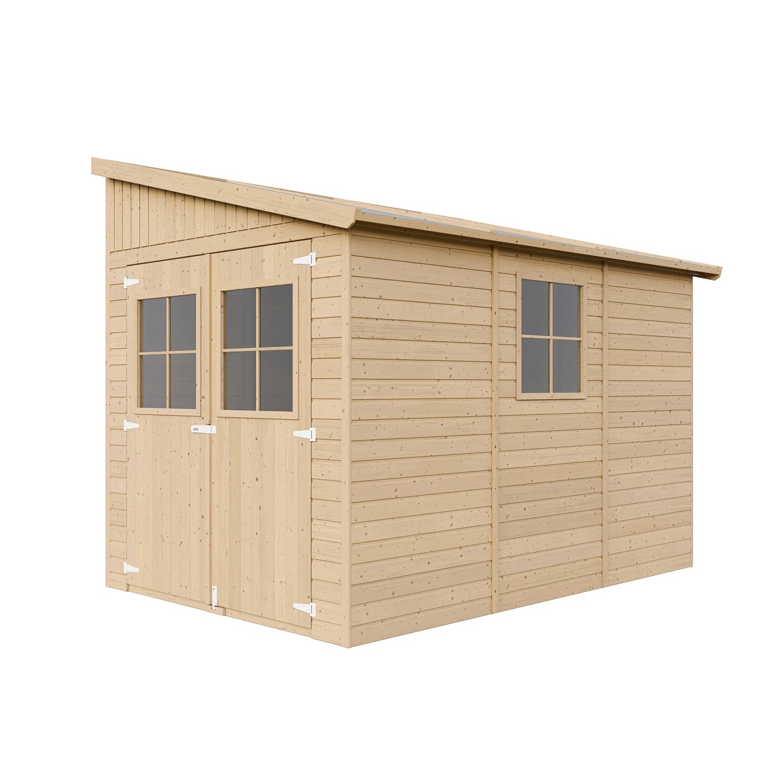 Timbela Gartenhaus M339A, 6 m², Holz natur, mit Doppeltür und Fenster.