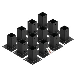 12 schwarze HOLLMAX Aufschraubhülsen für 71mm Vierkantpfosten. Pulverbeschichtete Pfostenträger für feste Untergründe.