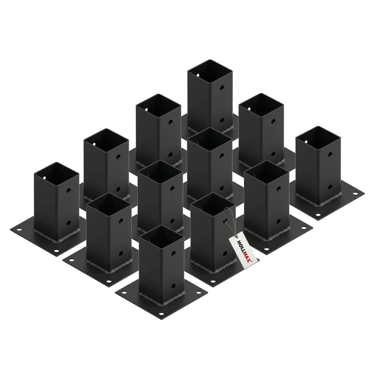 HOLLMAX 12 Stk. Aufschraubhülse/Pfostenträger 71 mm Pulverbeschichtet Schwarz für Vierkantpfosten