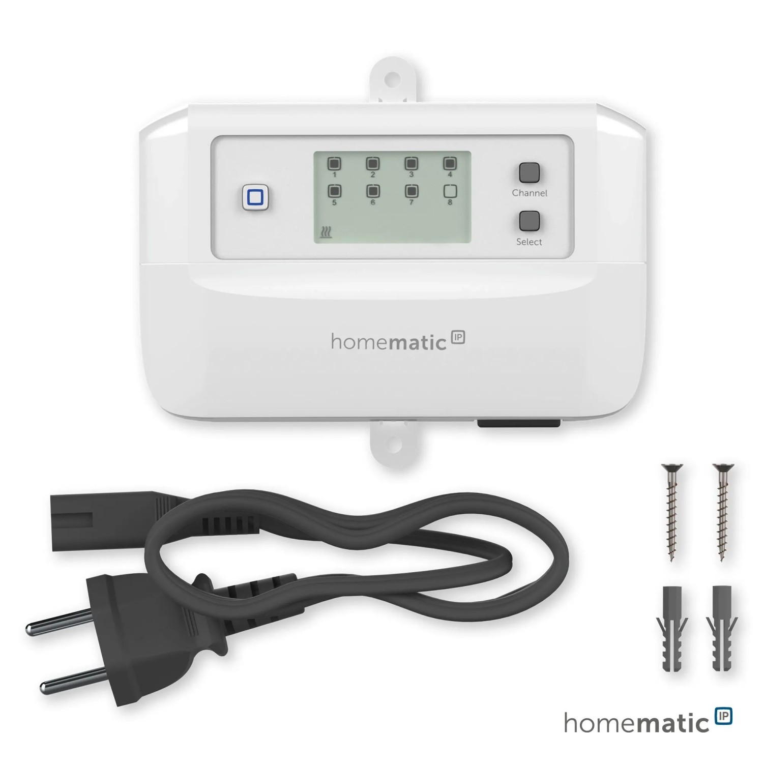 Homematic IP Fußbodenheizungscontroller 8 Kanäle, weiß, mit Display, Netzkabel und Montagematerial. Hausautomation.