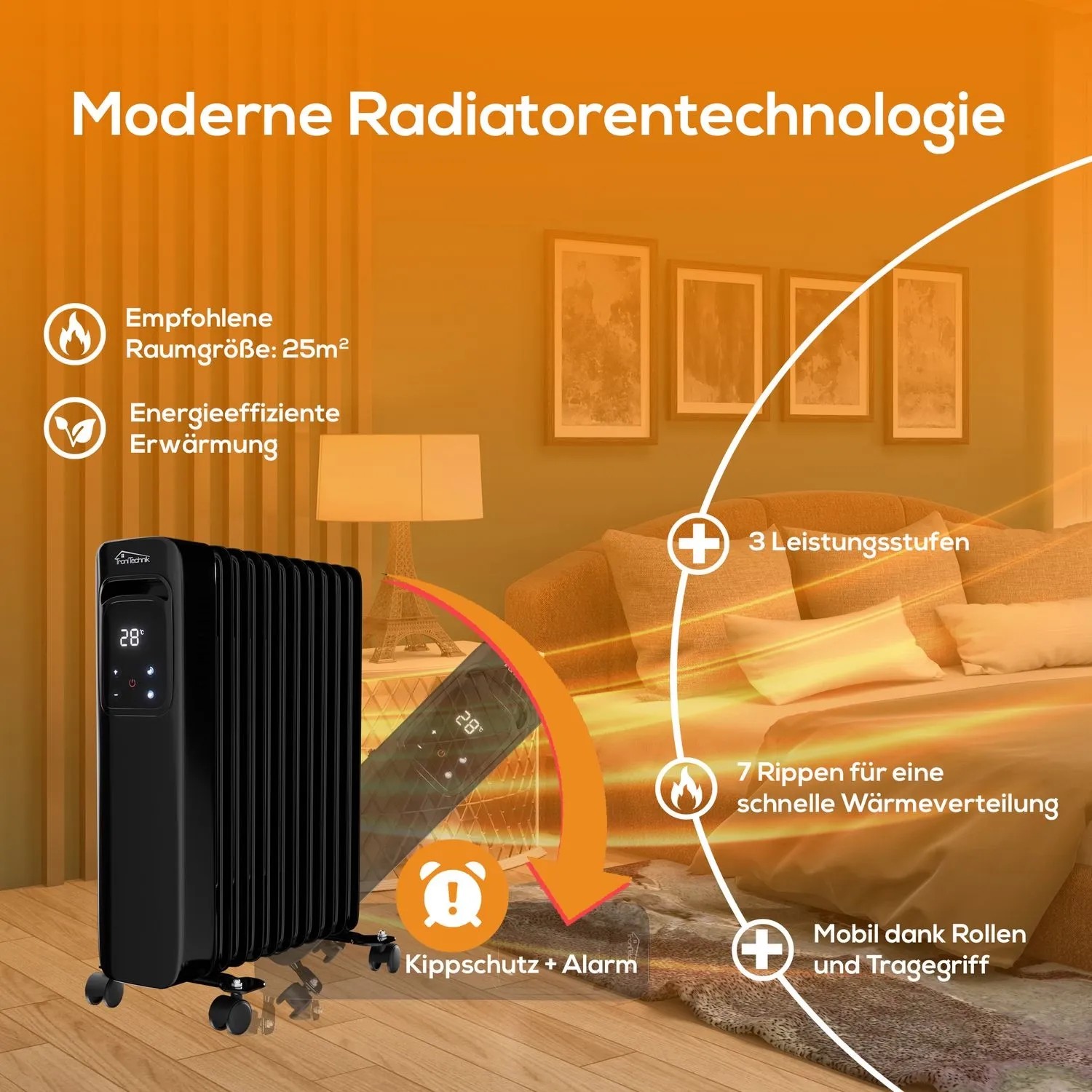 Schwarzer TroniTechnik Ölradiator TT OR 311 mit 11 Rippen, 2500W, drei Stufen und WiFi Funktion.