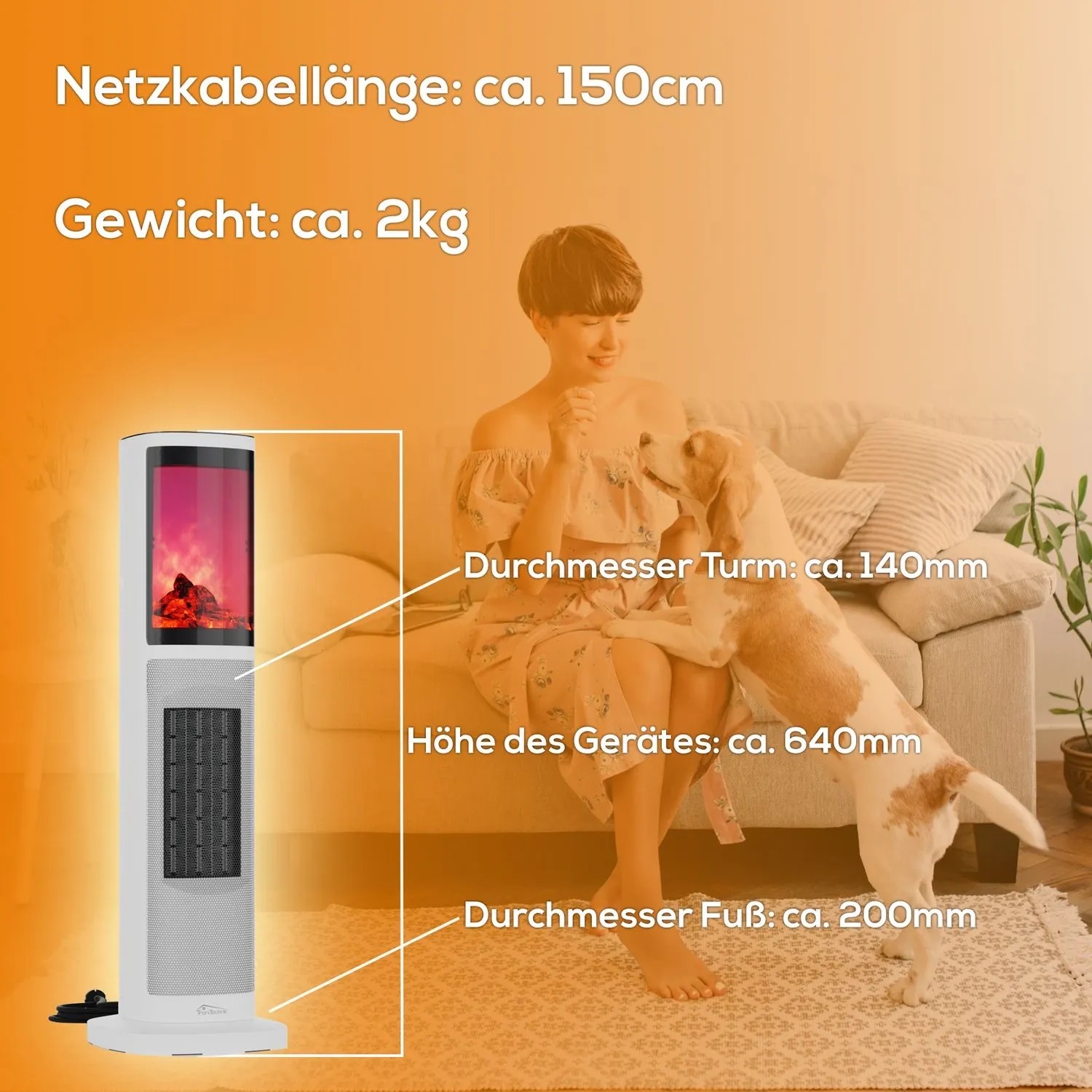 Weißer TroniTechnik Turmheizer mit Flammeneffekt, Keramik Heizgerät, 2000W Leistung.