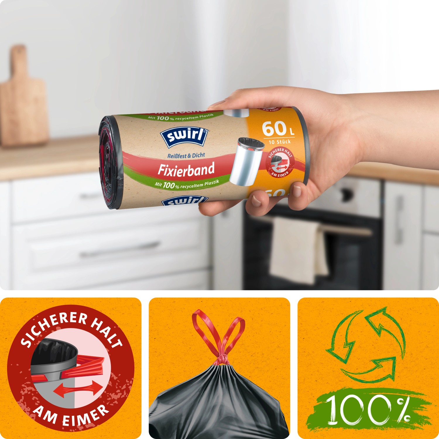 Swirl Fixierband-Müllbeutel, 60 l, 10 Stück. Rolle mit Müllbeuteln in der Hand.