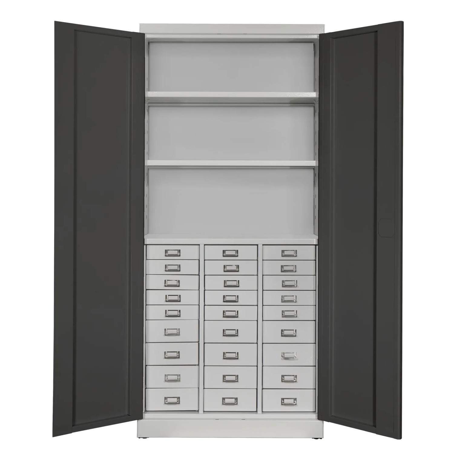 PROREGAL Schubladenschrank Chinchilla Mit 27 Schubladen & 3 Ablageboden HxBxT 179x80x41cm Lichtgrau/Anthrazitgrau