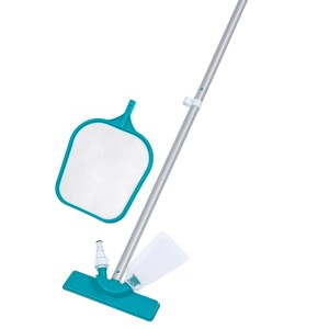 Bestway Poolpflege Basis Set: Türkiser Kescher, Venturi Sauger mit Schmutzbeutel und silberne Teleskopstange.