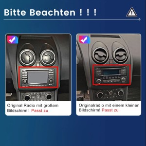Junsun Autoradio für Nissan Qashqai J10: Zwei Dashboards zeigen Kompatibilität mit großem und kleinem Originalradio.