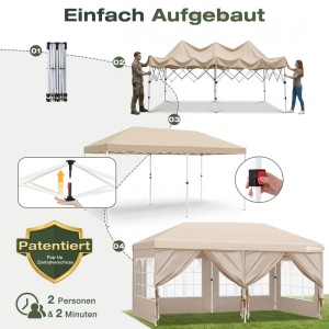 Beiger Sekey Faltpavillon 3x6m mit 6 Seitenteilen, einfacher Pop-Up Aufbau. Ideal als Sonnenschutz und Markise.