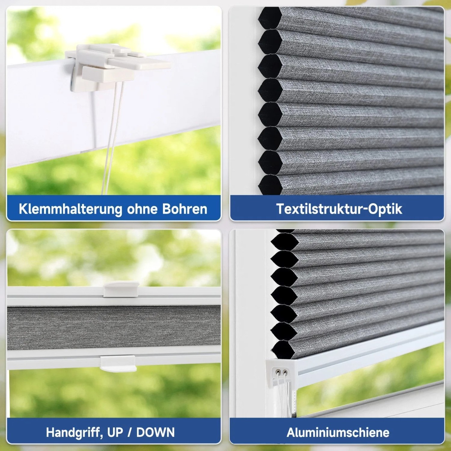 Detailansicht: Dunkelgraues Sekey Wabenplissee, Montage ohne Bohren, flexible Höhenverstellung.