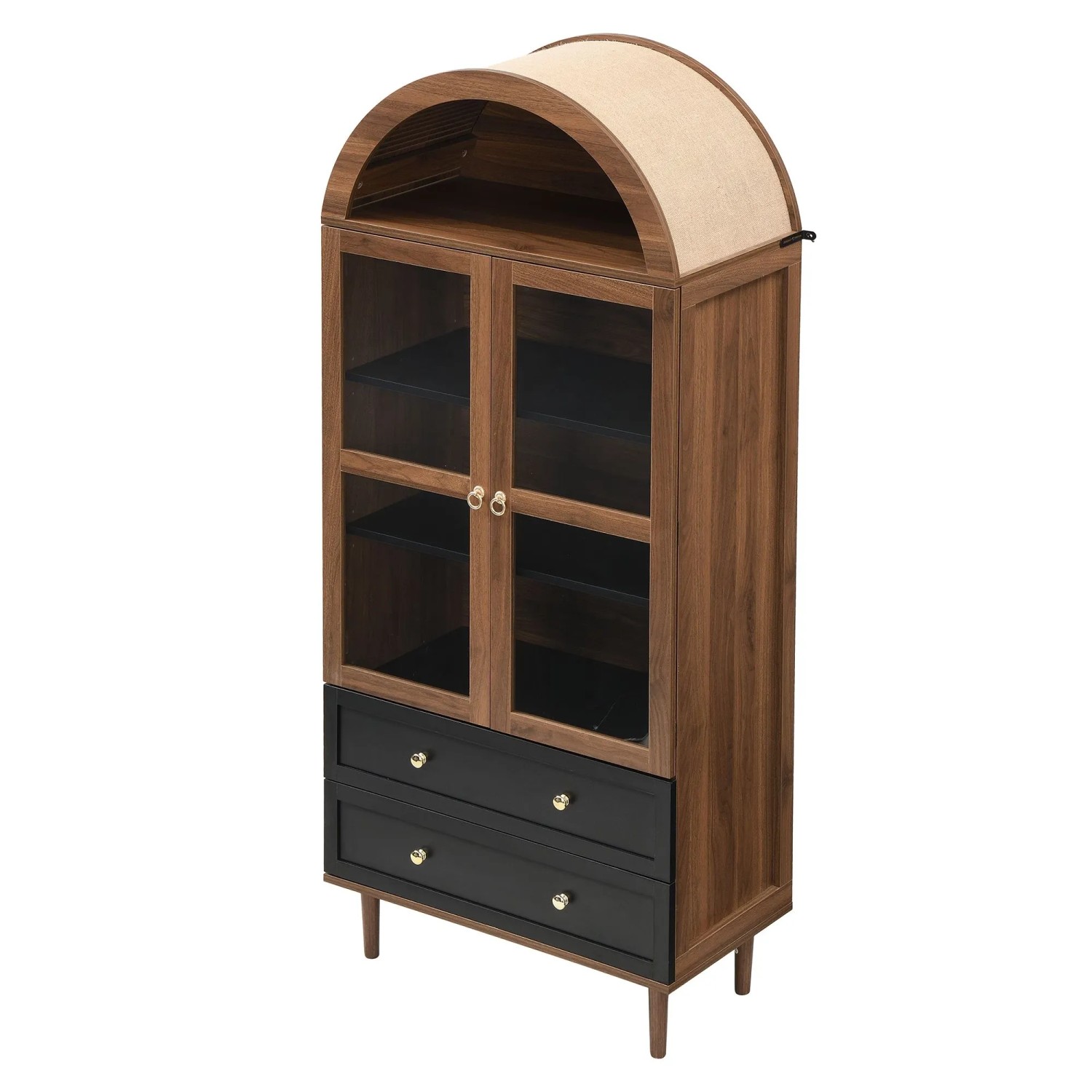 okwish Kommode mit Gewölbtem Glas Verstellbaren Regalen Wohnzimmer 70x38x165cm Schwarz