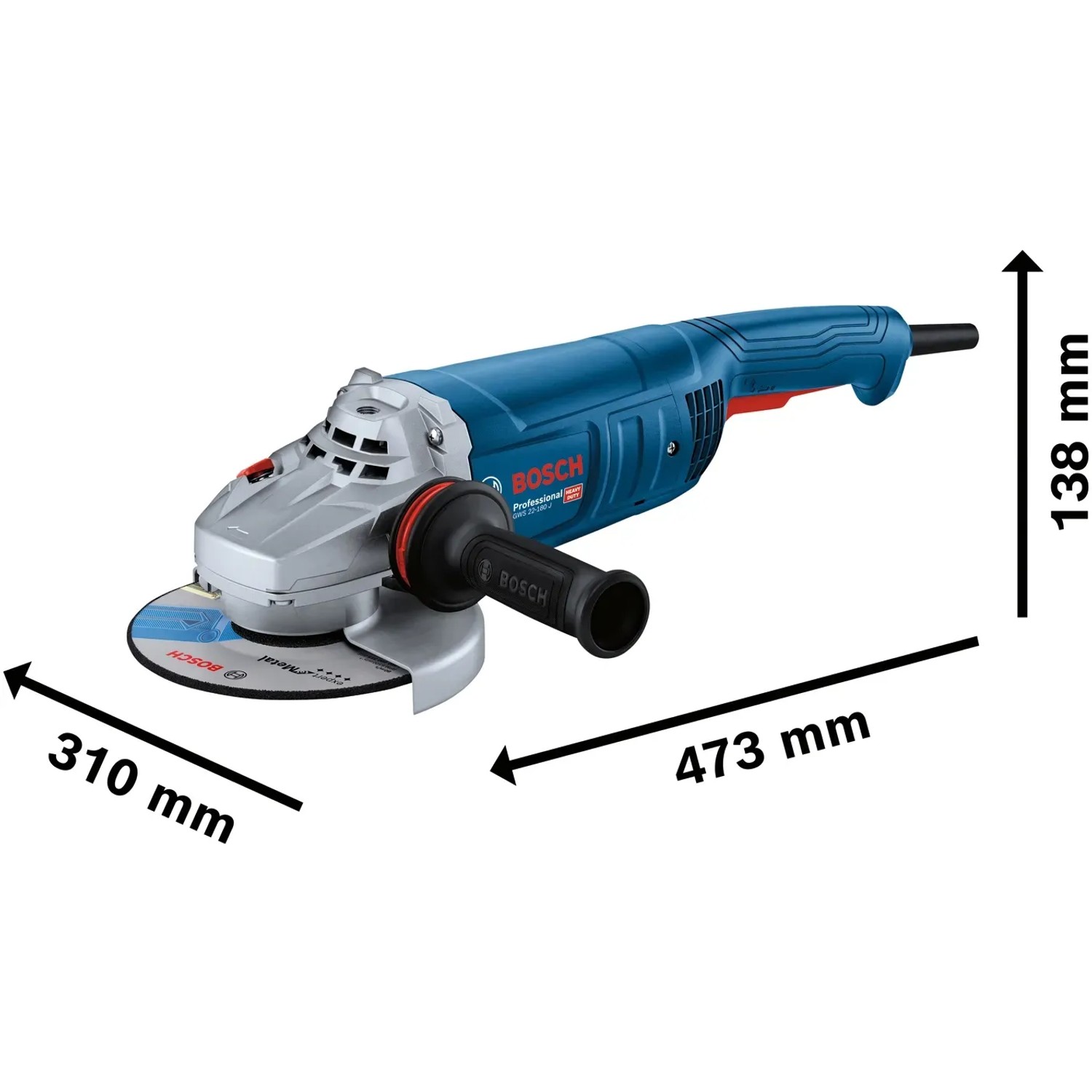 Bosch Professional GWS 22-180 J Winkelschleifer im Karton, blau/silber mit Zusatzhandgriff.