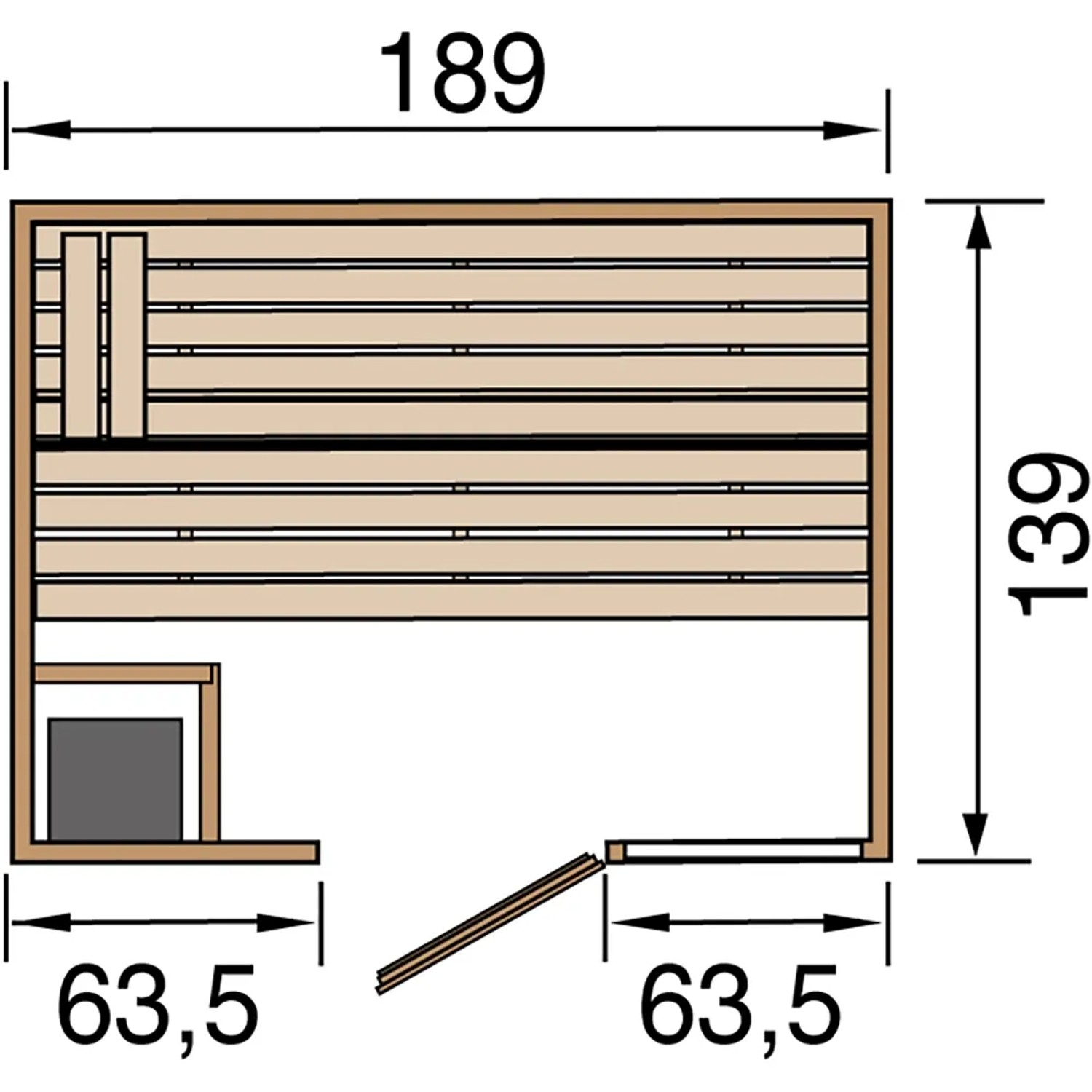 Grundriss Weka Massivholzsauna Valida 2 Sparset mit Maßen: 189x139x63,5 cm.