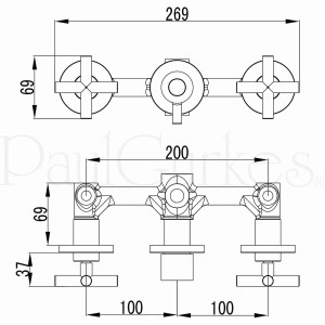 Technische Zeichnung des PaulGurkes Unterputz Duschsets mit Maßen.