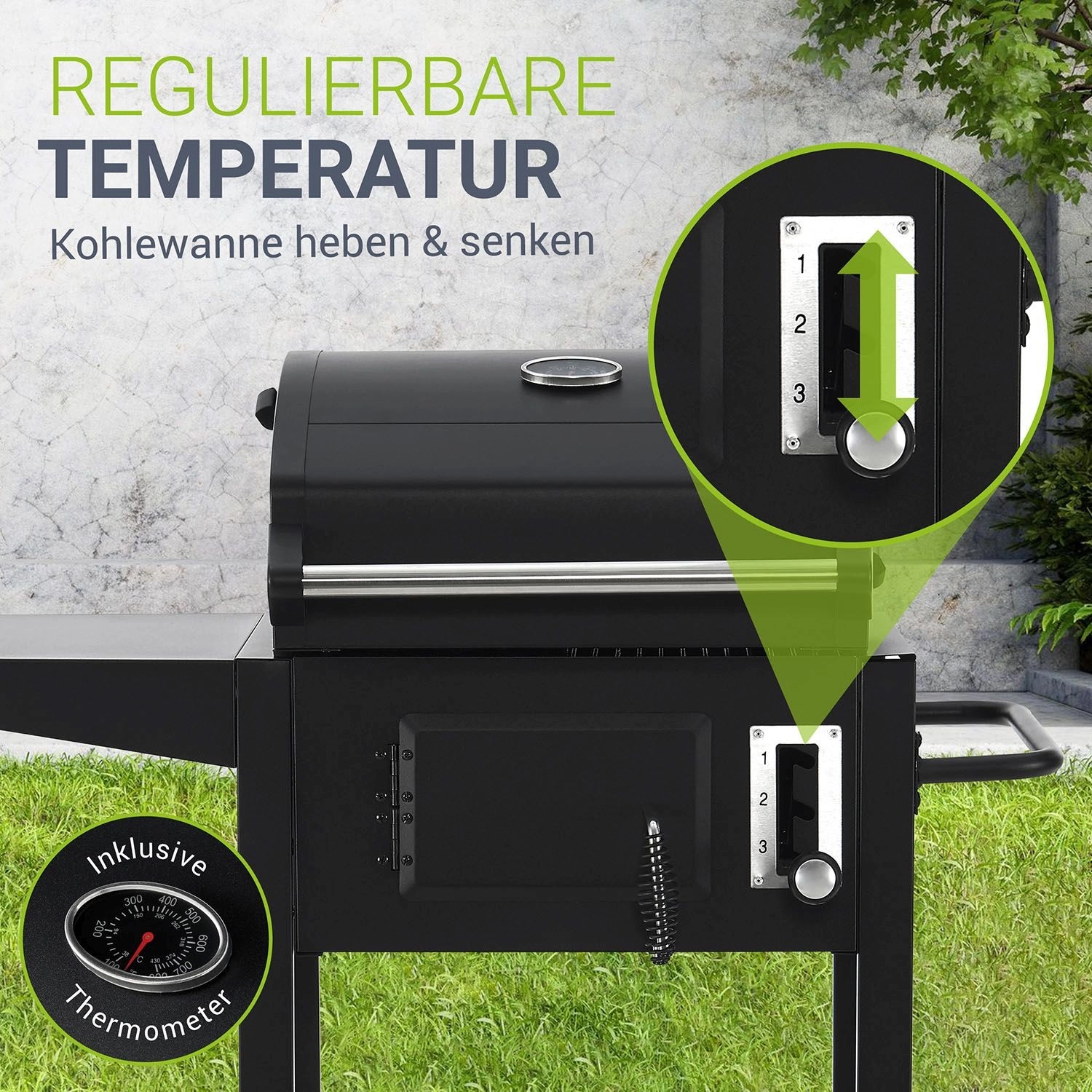 Detailaufnahme Holzkohlegrill Missouri: Höhenverstellbare Kohleschale und Thermometer für optimale Temperaturkontrolle.