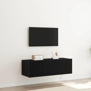 Schwarzer TV-Wandschrank in Eiche Optik (100x35x31cm) mit zwei Türen und LED-Beleuchtung.